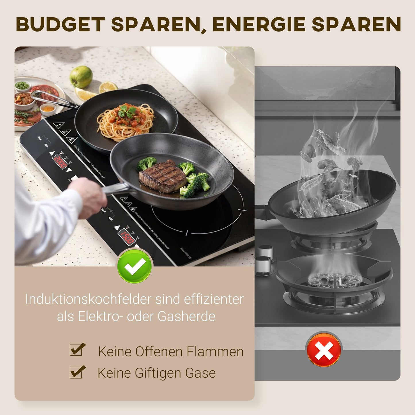 Portable double induction hob, 8 power levels, 3500W