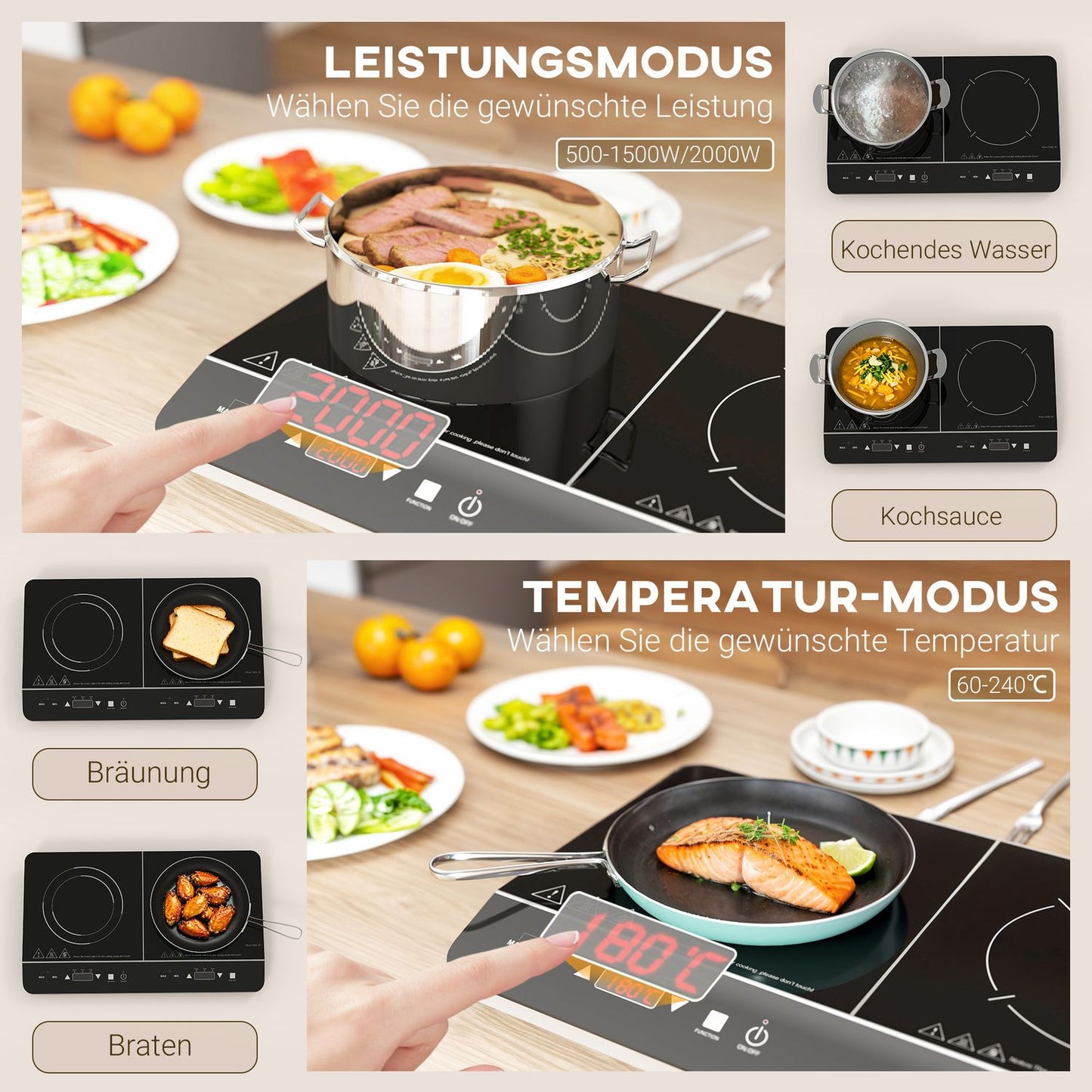 Portable double induction hob, 8 power levels, 3500W