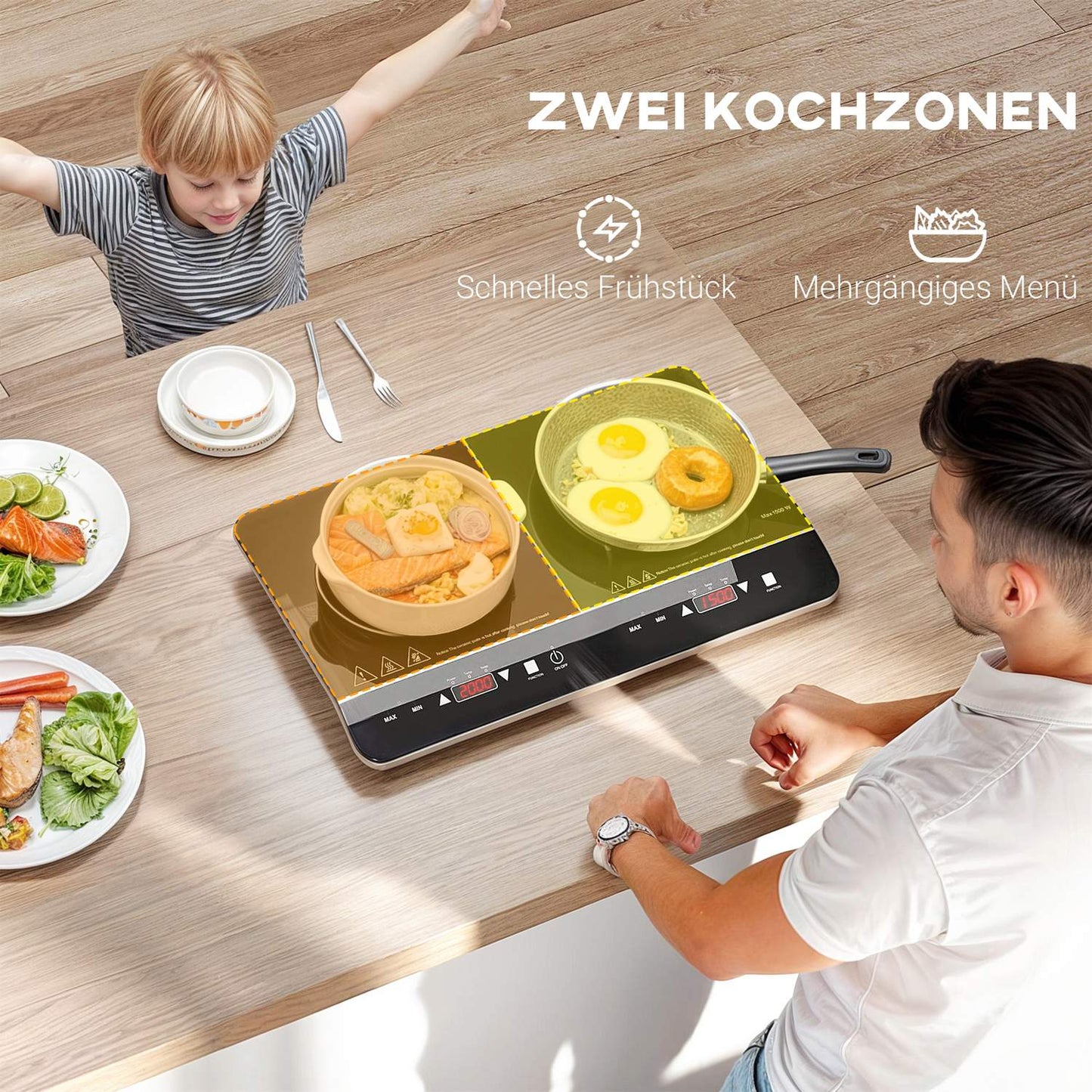 Portable double induction hob, 8 power levels, 3500W