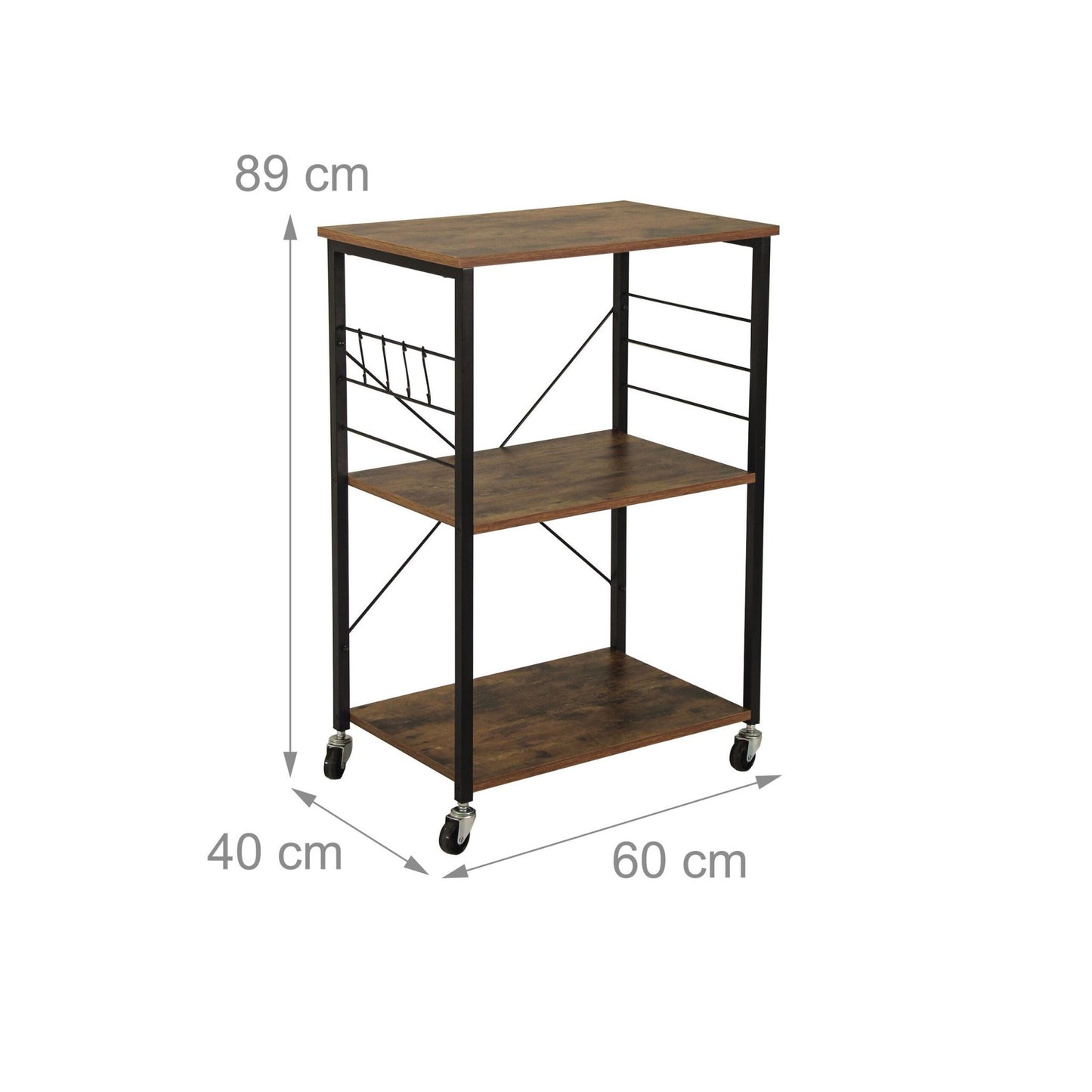 Industrial 3-Tier Trolley with Wheels and Hooks