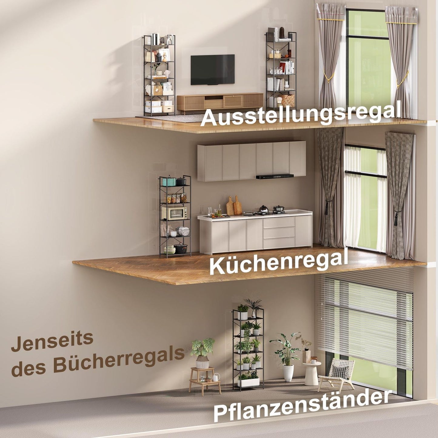 Industrial 5-Tier Metal Bookshelf, 60x30x170.5 cm, Black