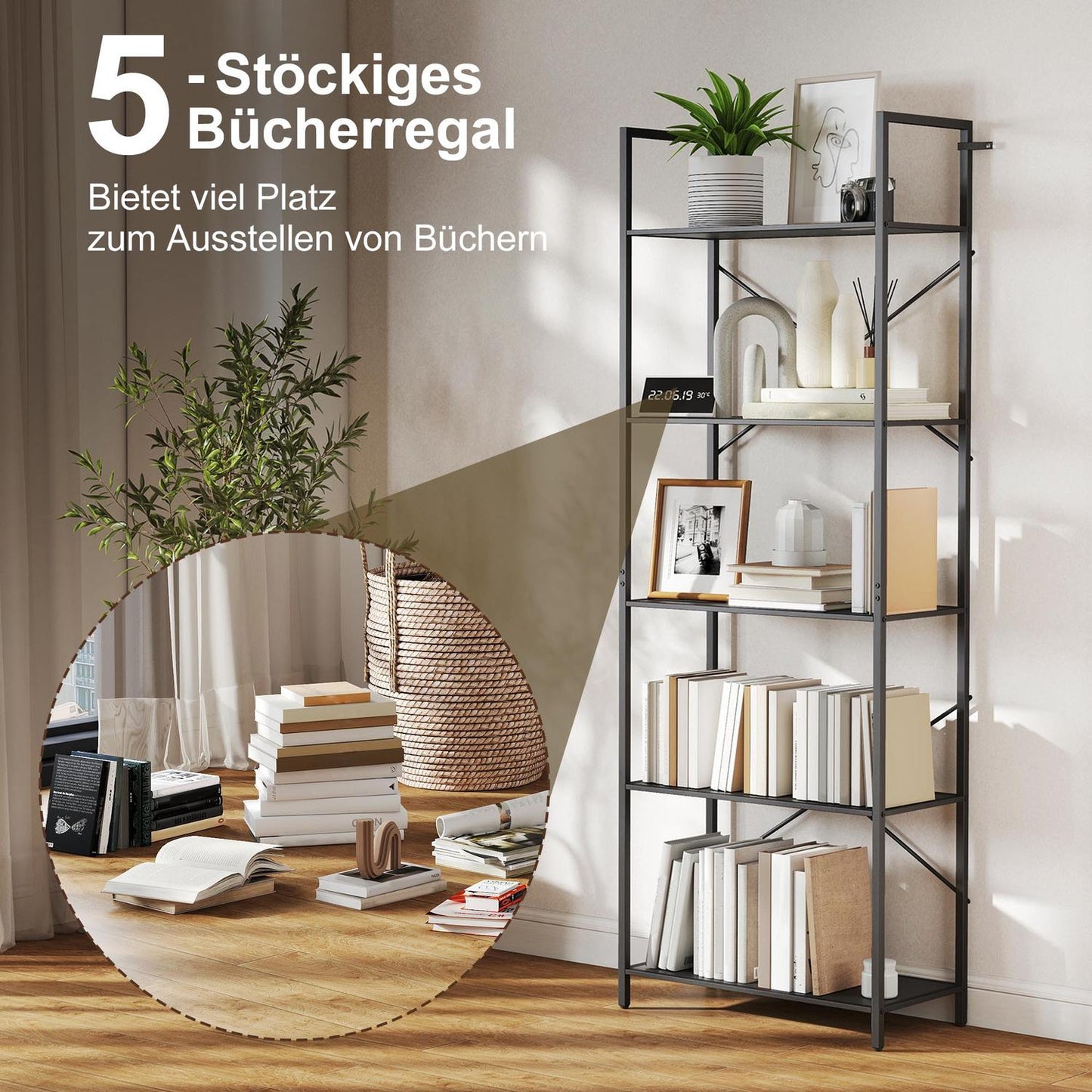 Industrial 5-Tier Metal Bookshelf, 60x30x170.5 cm, Black