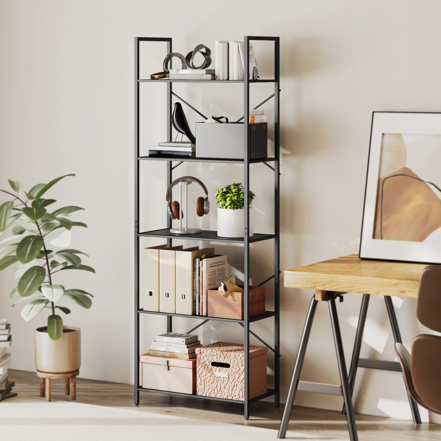 Industrial 5-Tier Metal Bookshelf, 60x30x170.5 cm, Black