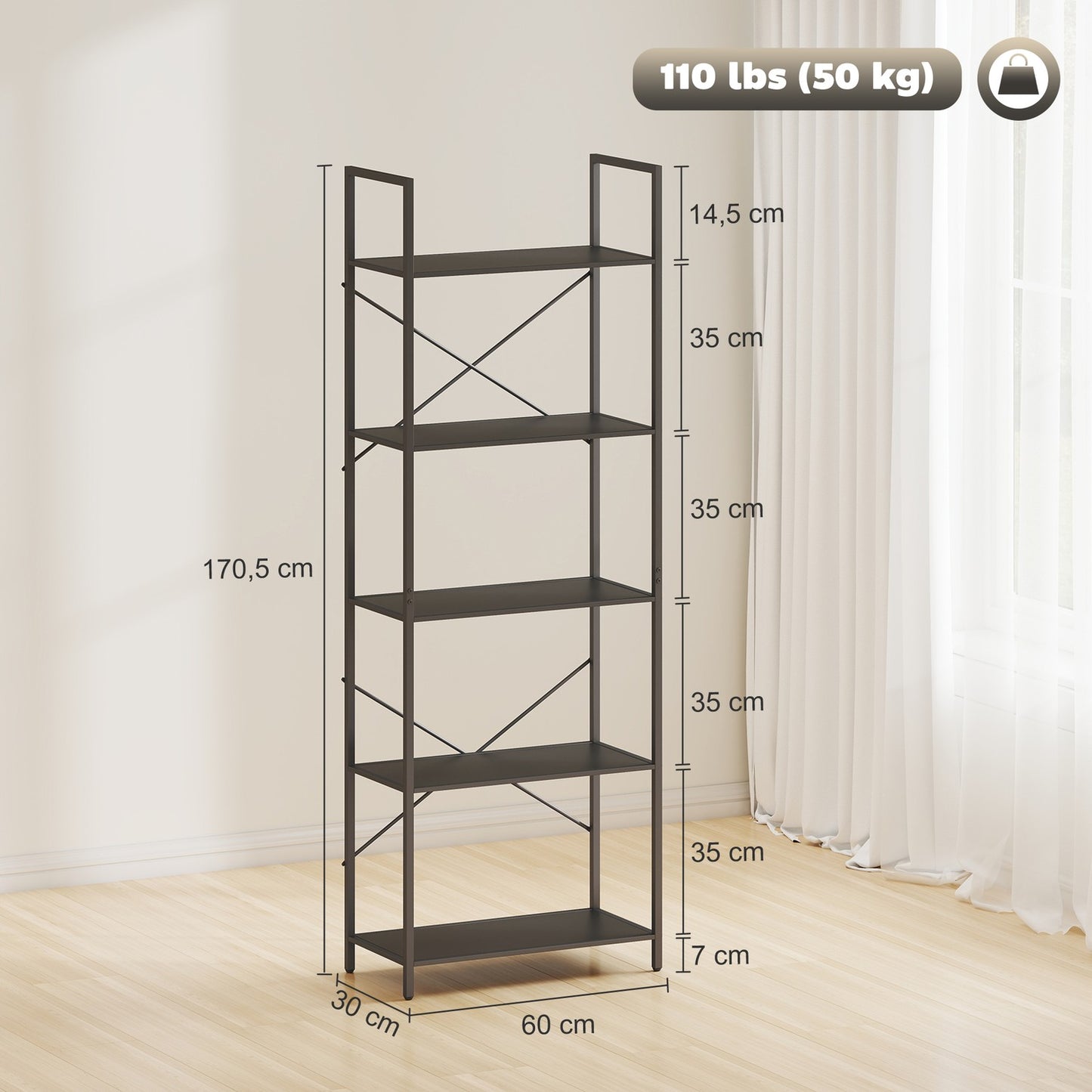 Industrial 5-Tier Metal Bookshelf, 60x30x170.5 cm, Black