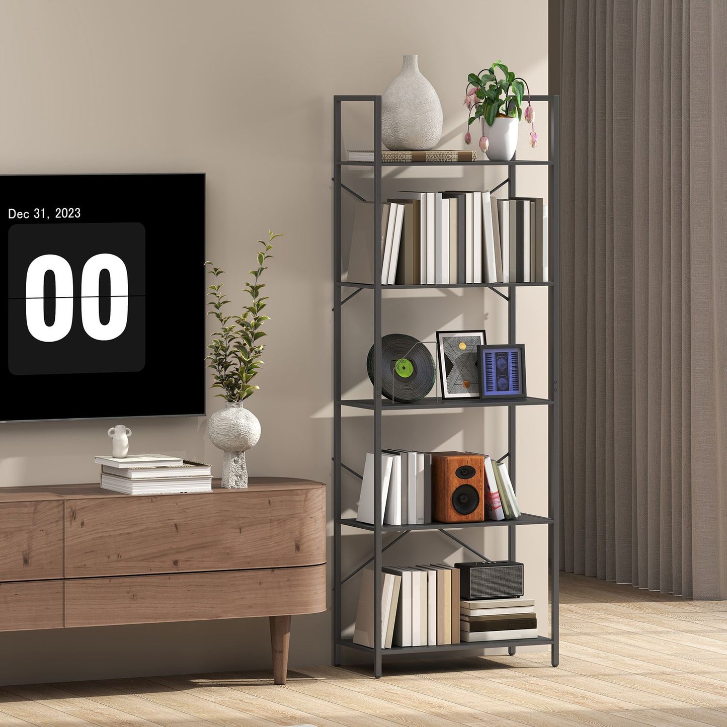 Industrial 5-Tier Metal Bookshelf, 60x30x170.5 cm, Black