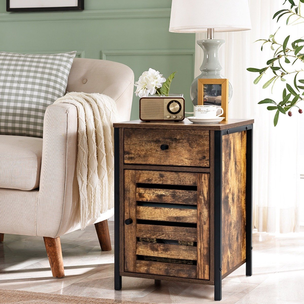 Industrial Adjustable Shelf Nightstand with Drawer
