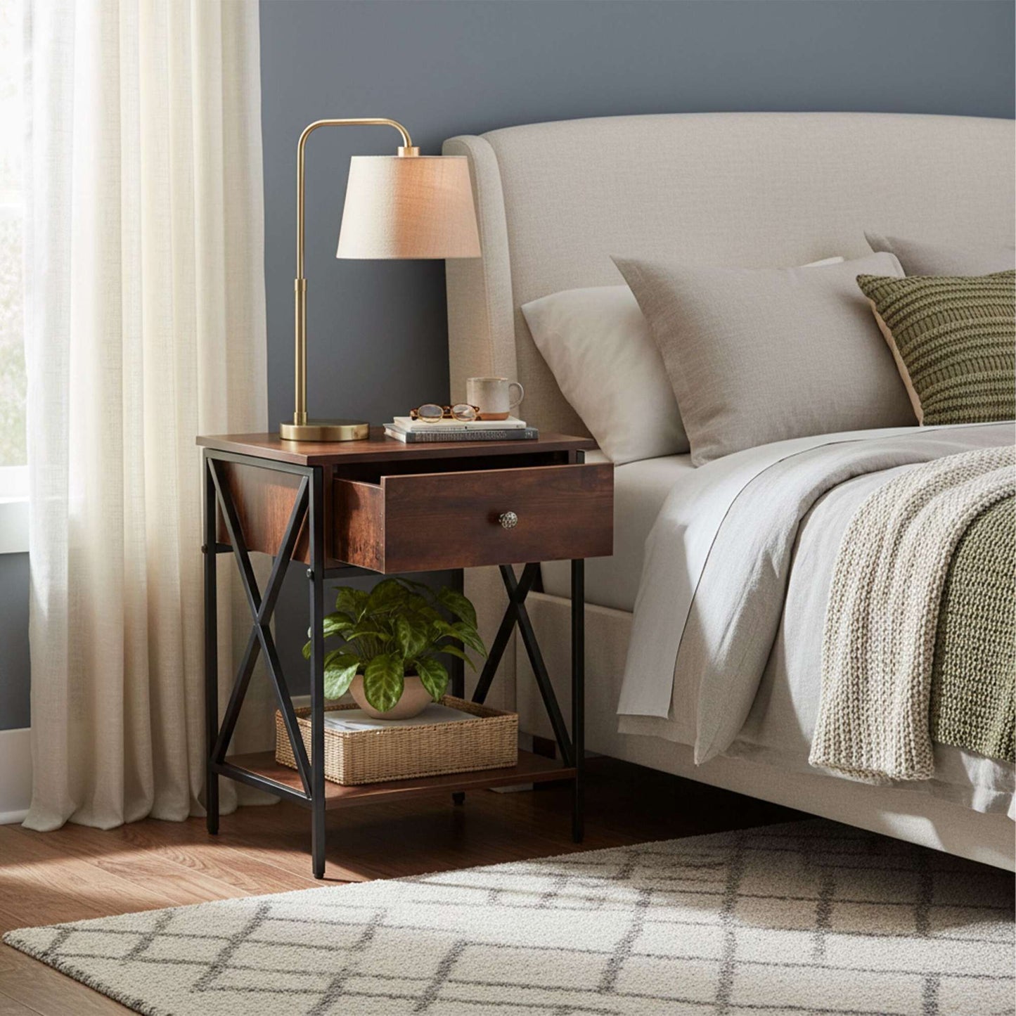 Industrial Bedside Table with Drawer and Shelf