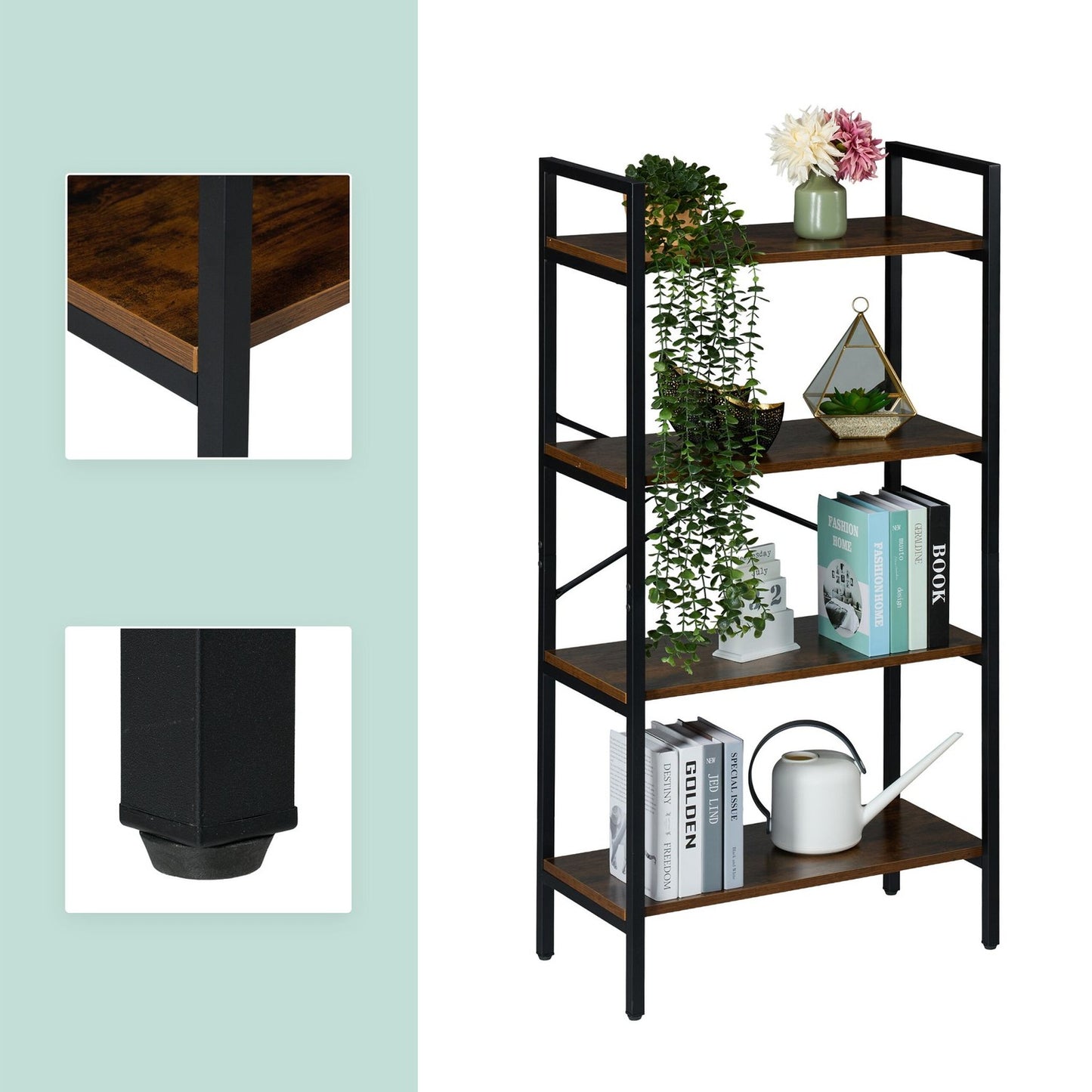 Industrial Bookcase – Black Metal & Dark Wood Shelf