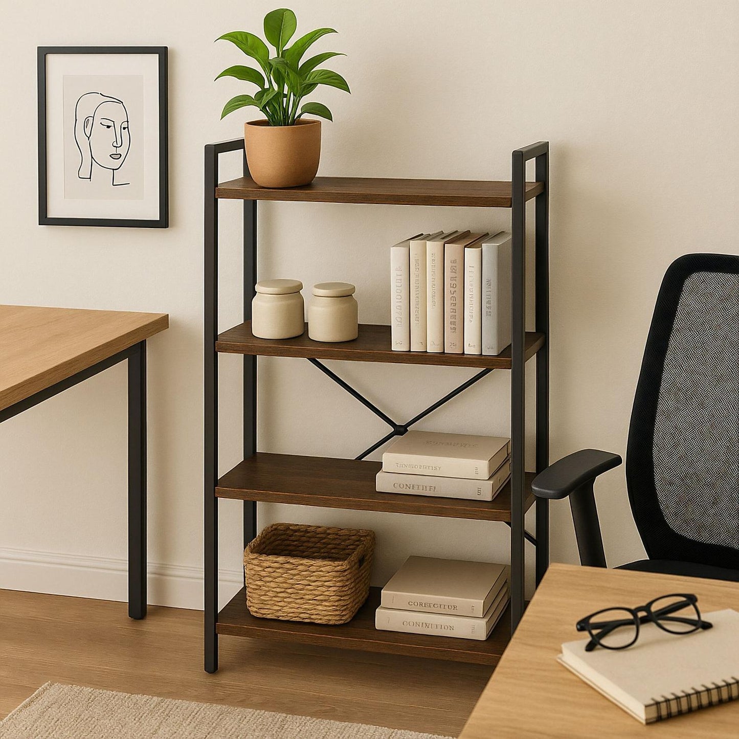 Industrial Bookcase – Black Metal & Dark Wood Shelf