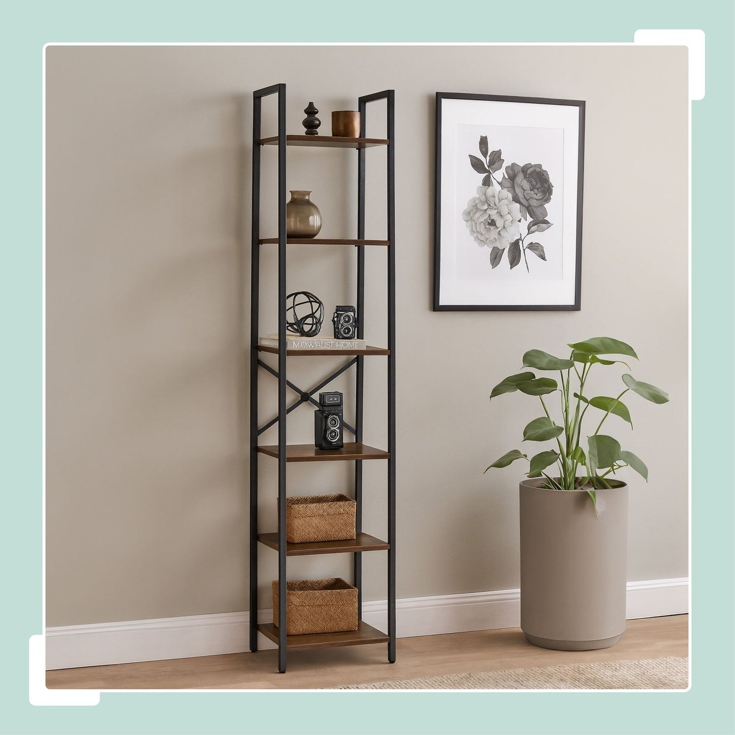 Industrial Bookcase – Black Metal & Dark Wood Shelves