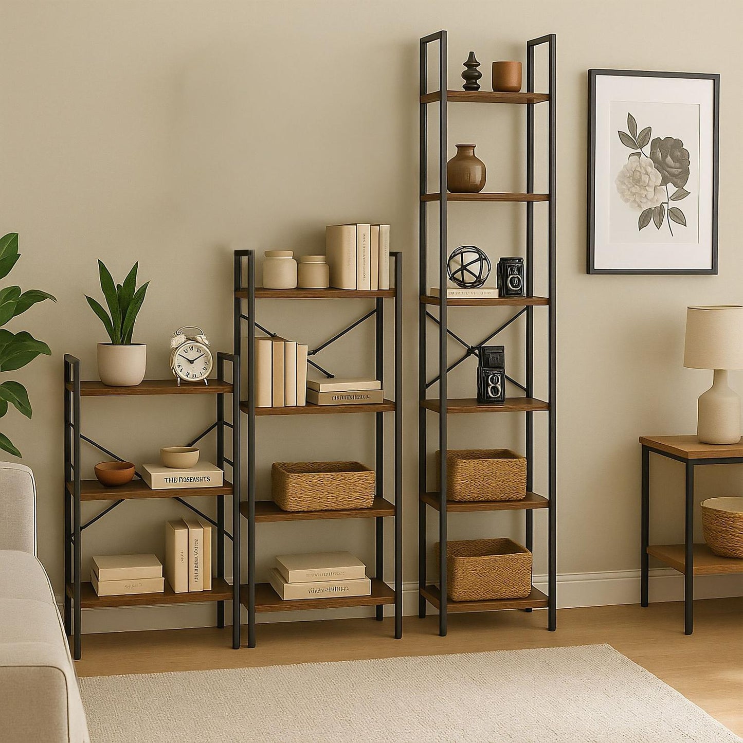 Industrial Bookcase – Black Metal & Dark Wood Shelves