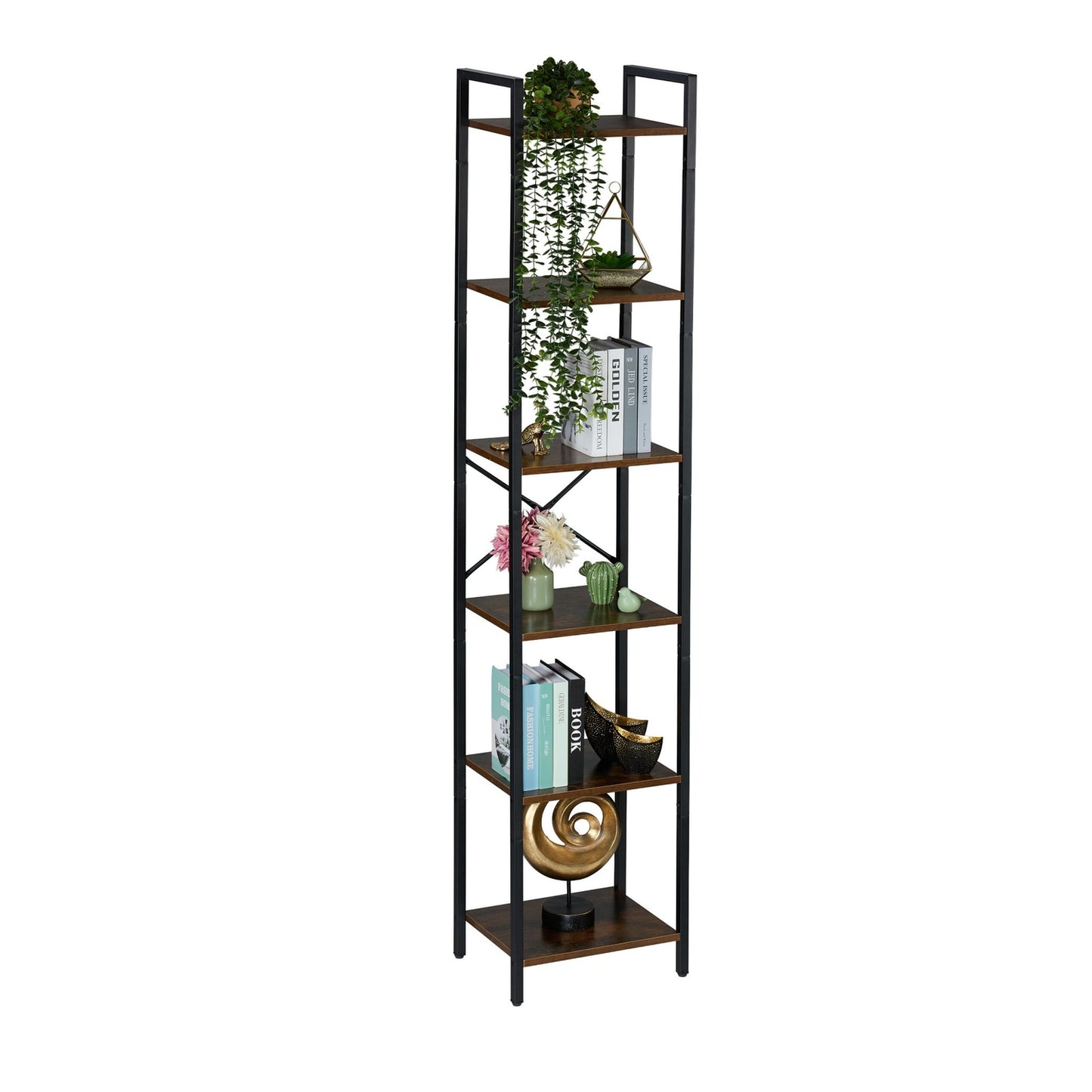 Industrial Bookcase – Black Metal & Dark Wood Shelves