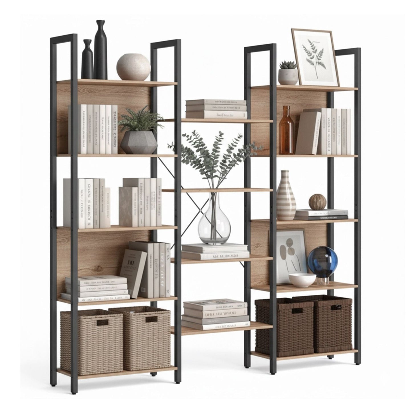 Industrial Bookshelf, 14-Tier, Vintage Wood Finish
