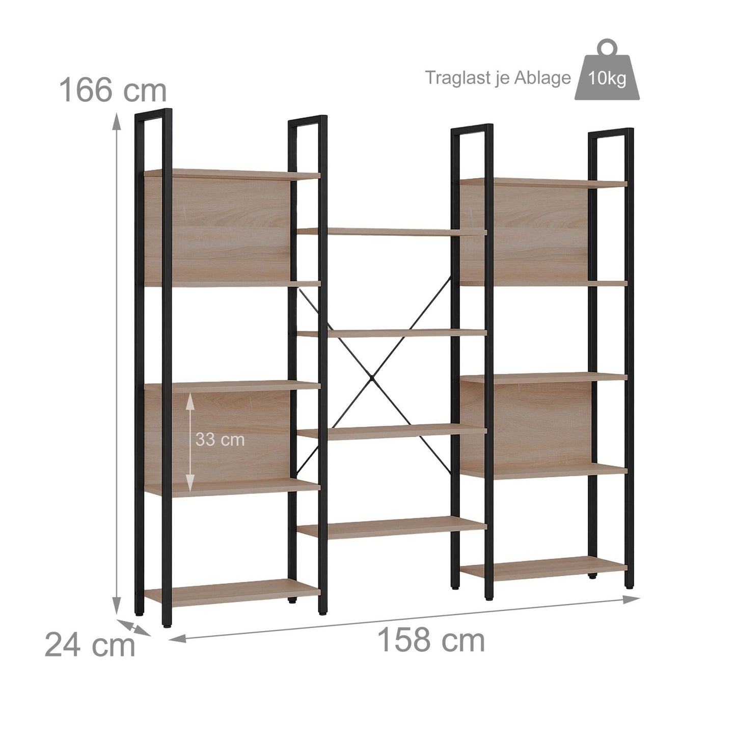 Industrial Bookshelf, 14-Tier, Vintage Wood Finish