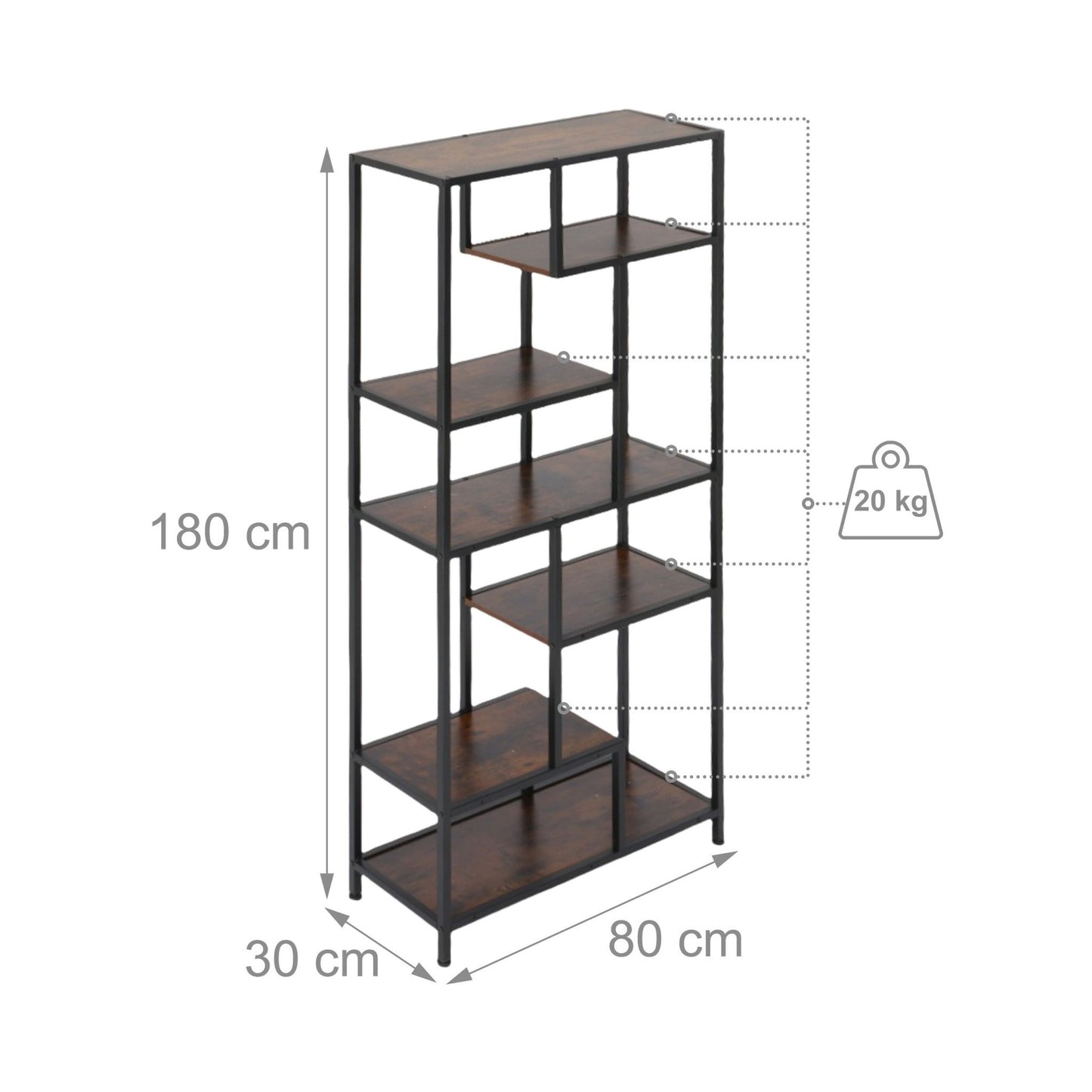 Industrial Bookshelf, 6 Shelves, Black Frame, Wood Finish