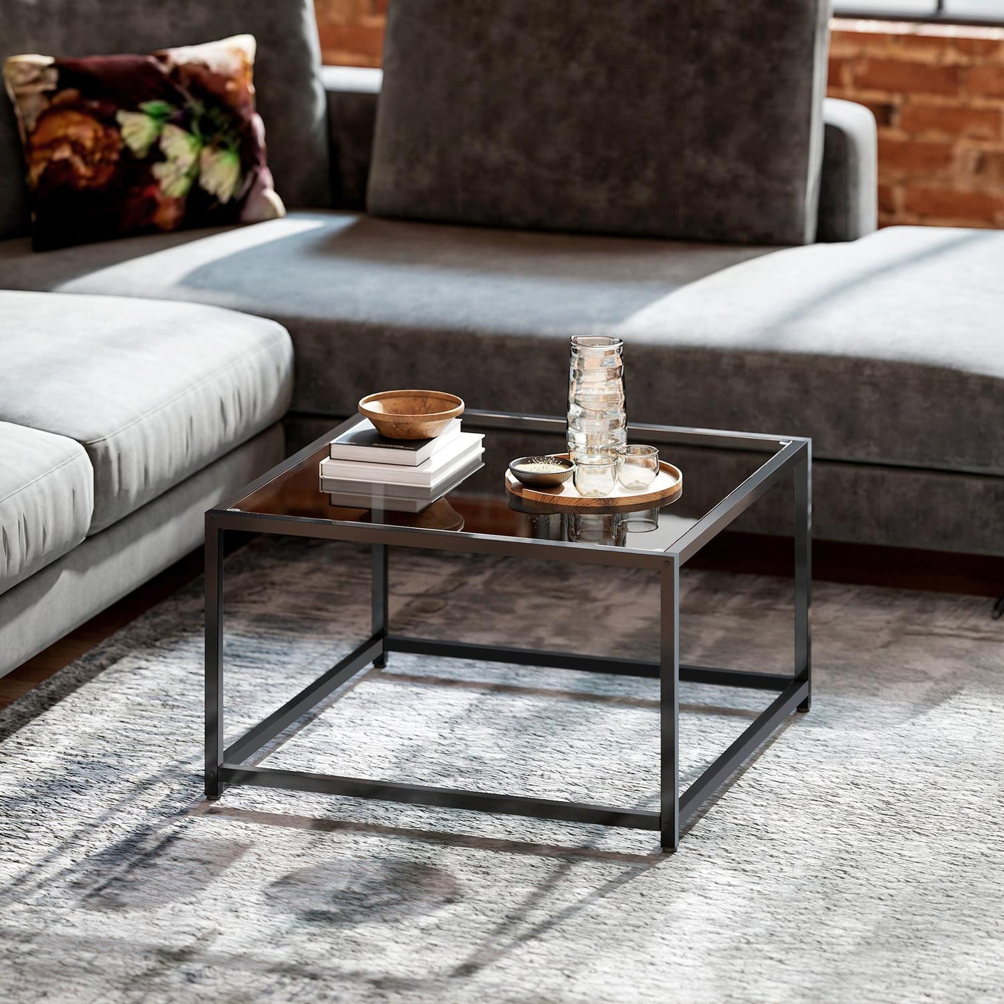 Industrial Coffee Table, Tempered Glass & Steel, 68x68 cm