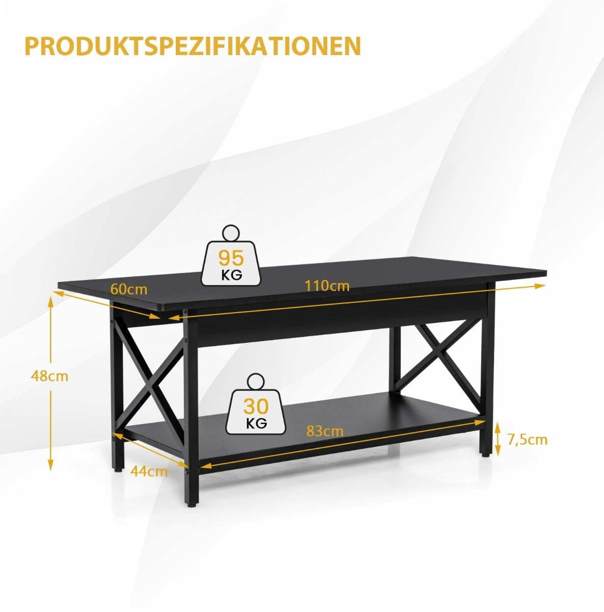 Industrial Coffee Table with Shelf, Black Metal Frame