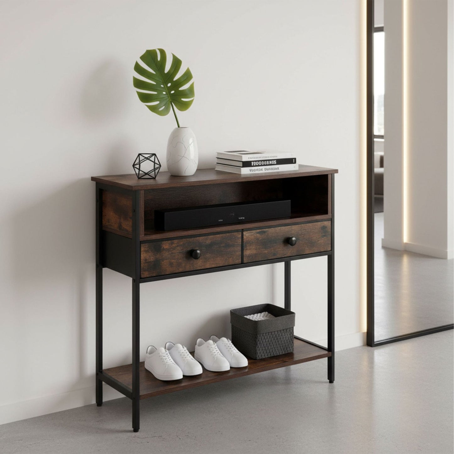 Industrial Console Table with Drawers and Shelves