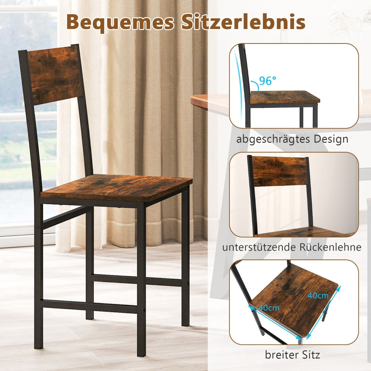 Industrial Dining Chairs Set of 2, Metal Frame, Rustic Brown