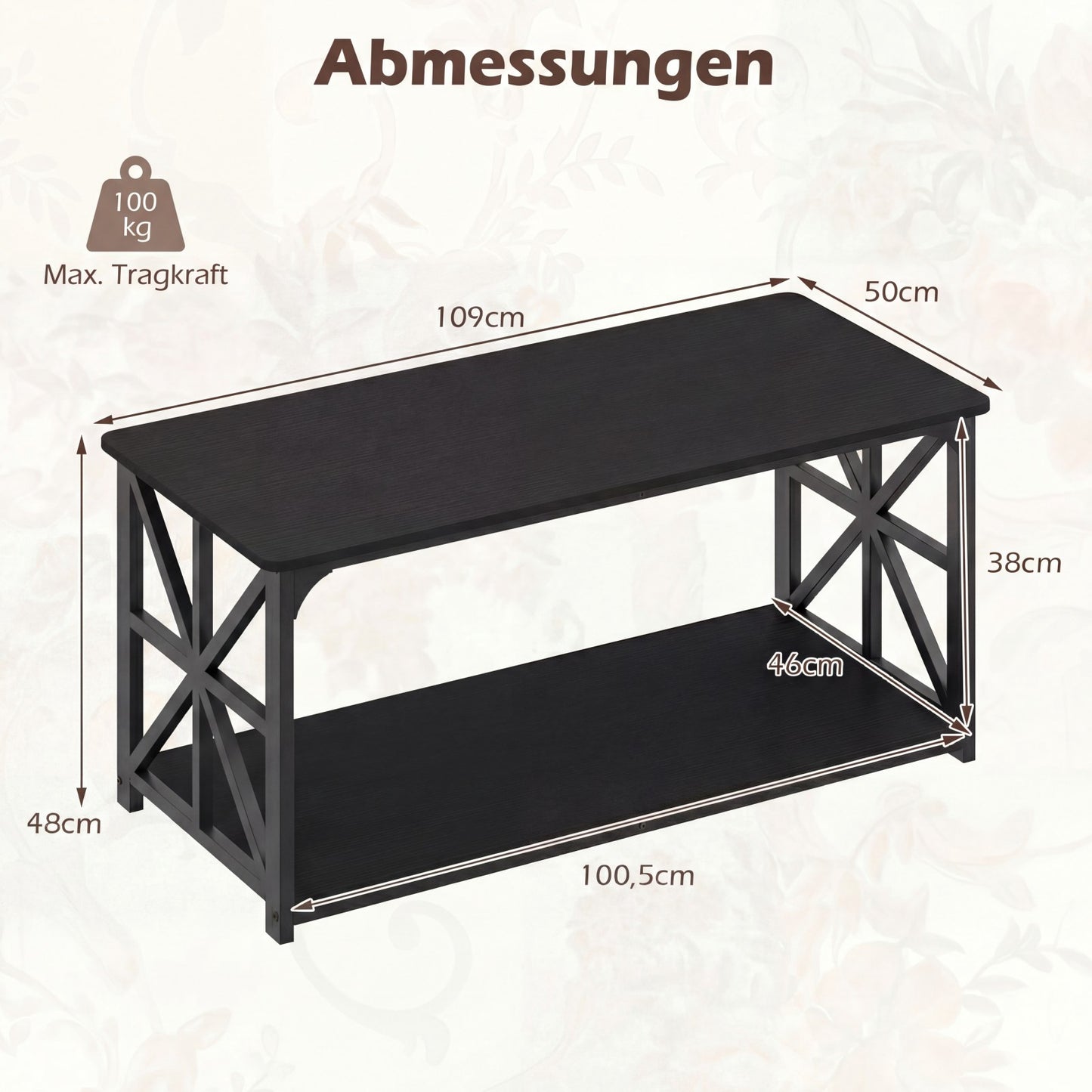 Industrial Farmhouse Coffee Table with Open Shelf, Black