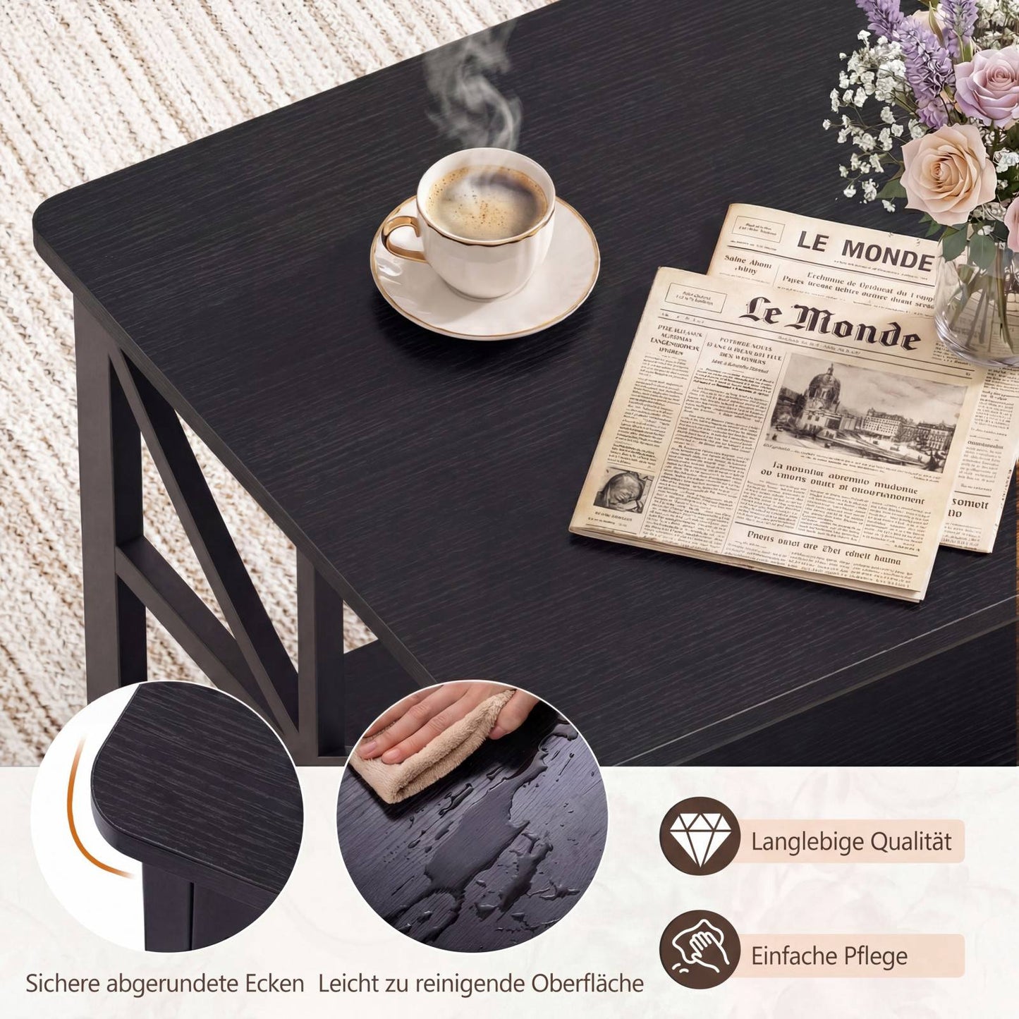 Industrial Farmhouse Coffee Table with Open Shelf, Black