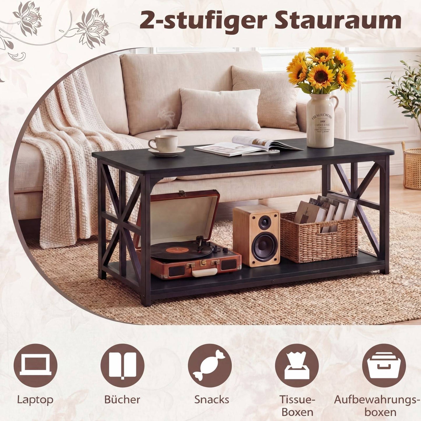 Industrial Farmhouse Coffee Table with Open Shelf, Black