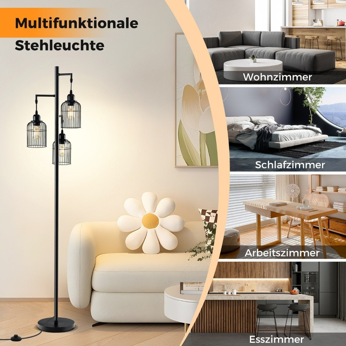 Industrial Floor Lamp, 3 Shades, Foot Switch, Black, 169 cm