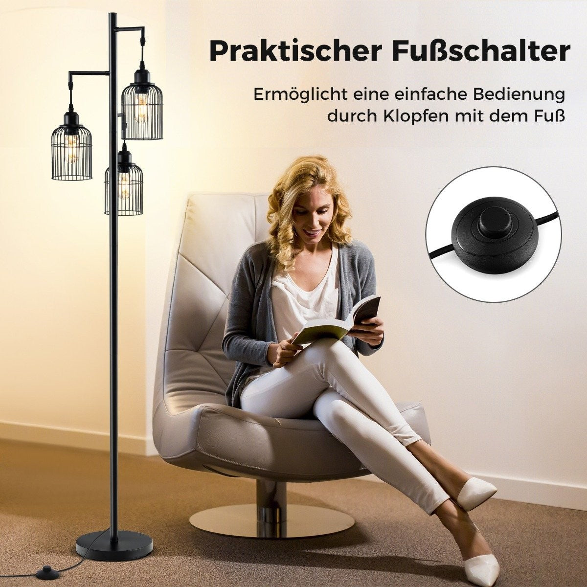 Industrial Floor Lamp, 3 Shades, Foot Switch, Black, 169 cm