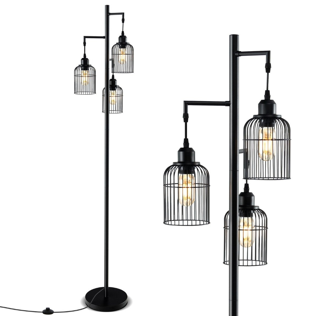 Industrial Floor Lamp, 3 Shades, Foot Switch, Black, 169 cm