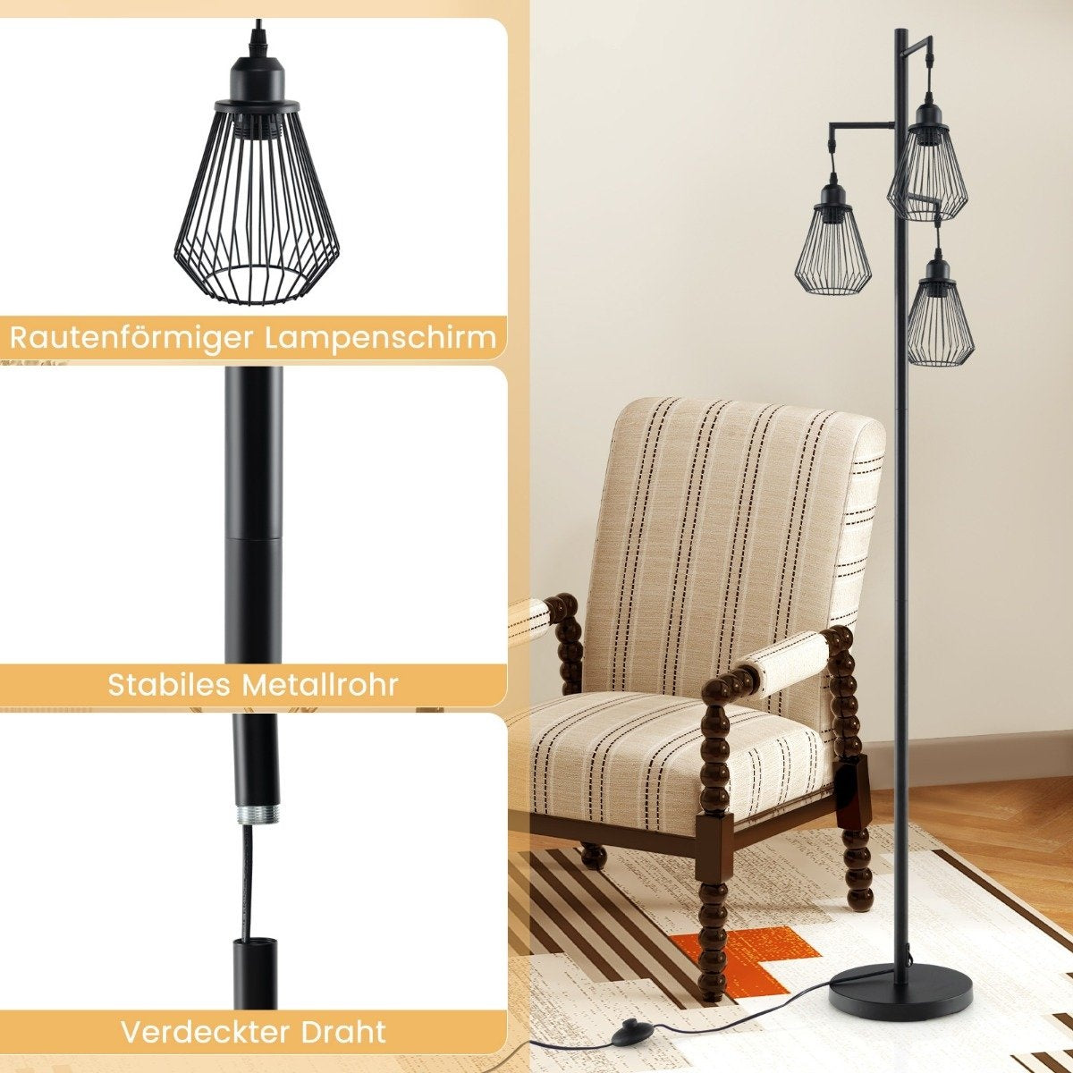 Industrial Floor Lamp with 3 Cage Shades, 169 cm, Black