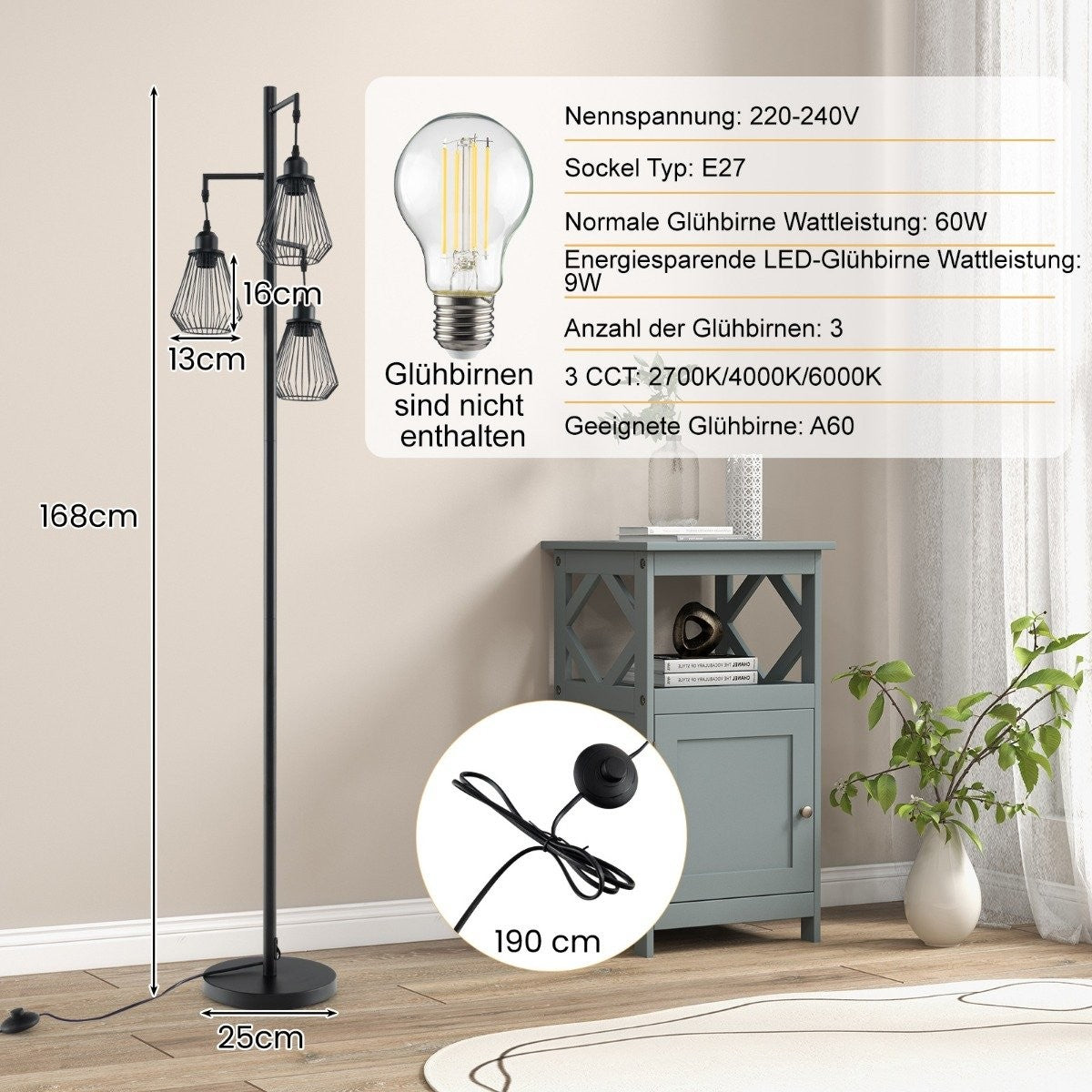 Industrial Floor Lamp with 3 Cage Shades, 169 cm, Black