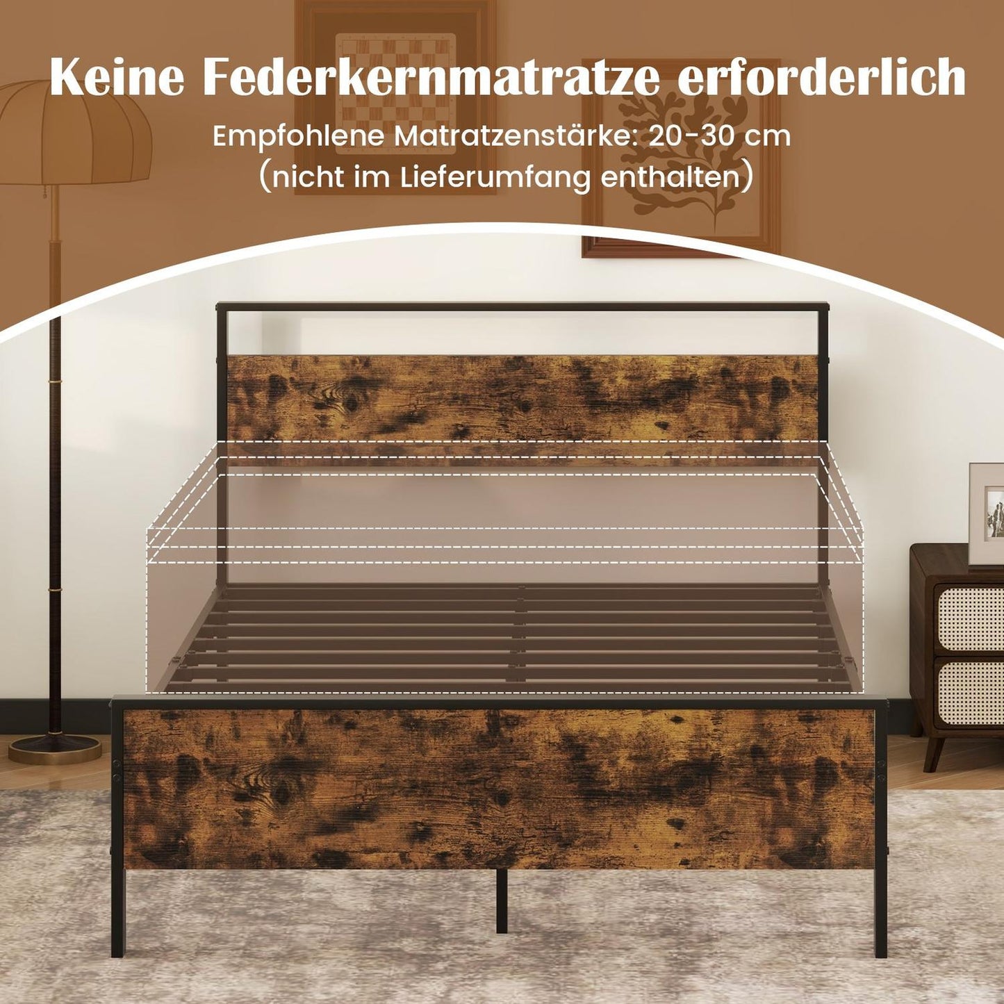 Industrial Metal Bed Frame for 200x140 cm Mattress, Wood Headboard