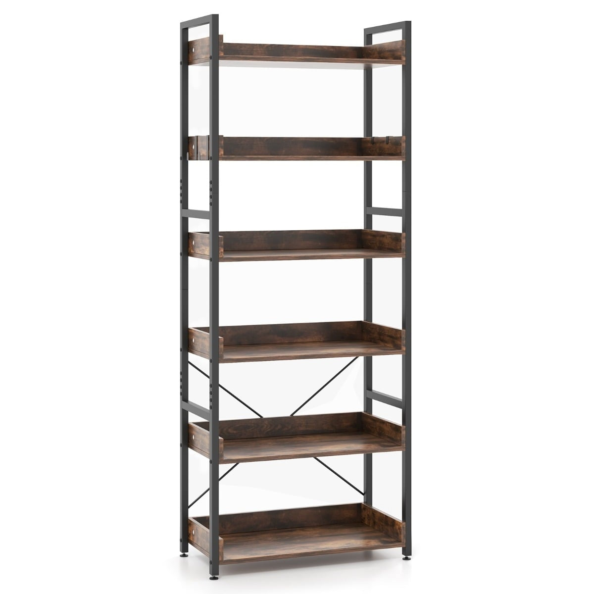 Industrial Metal Bookshelf with 6 Shelves & 4 Hooks