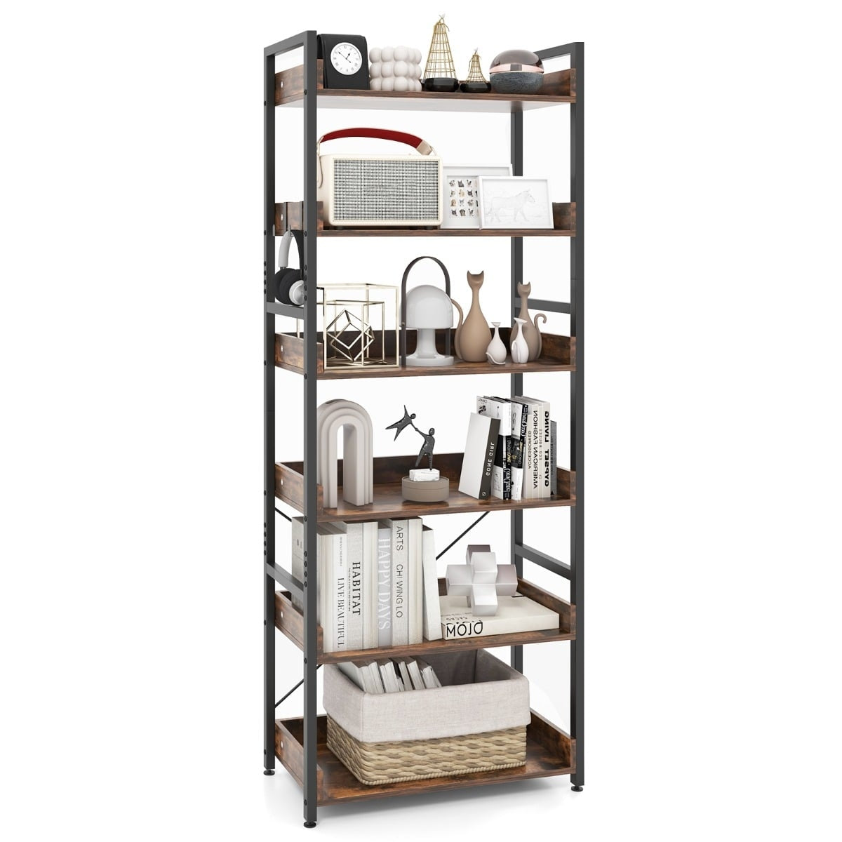 Industrial Metal Bookshelf with 6 Shelves & 4 Hooks