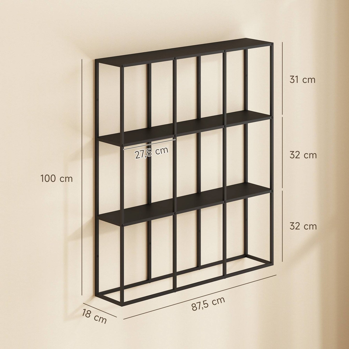 Industrial Metal Wall Shelf with 9 Compartments, Black