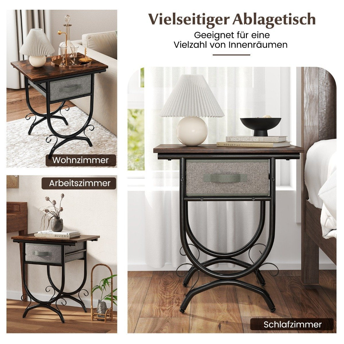 Industrial Nightstand with Fabric Drawer – Metal Frame, 48x35x53 cm