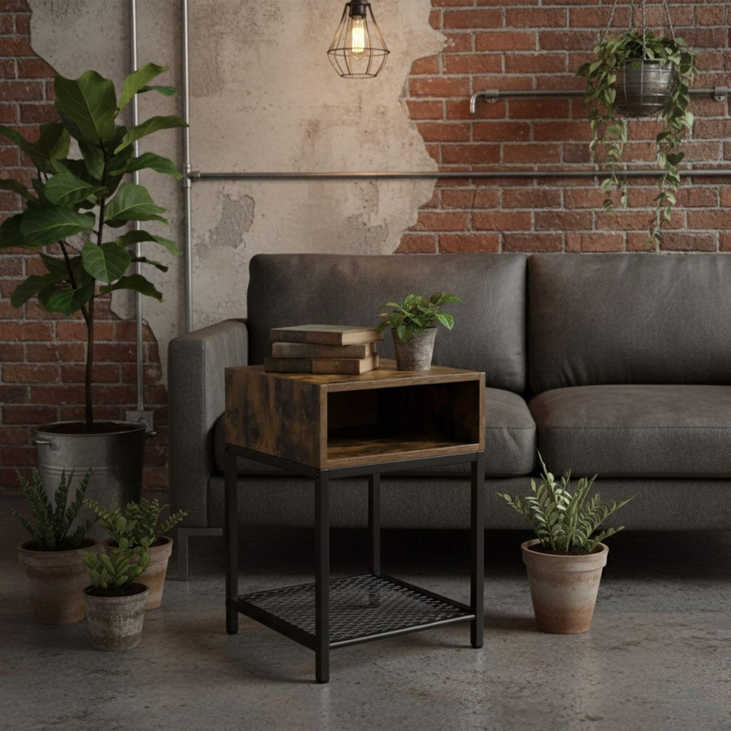 Industrial Nightstand with Open Shelf and Grid Storage