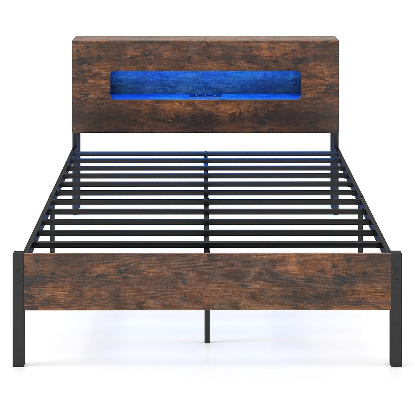 Industrial Platform Bed Frame with LED Lights, Storage Headboard, 200x140 cm