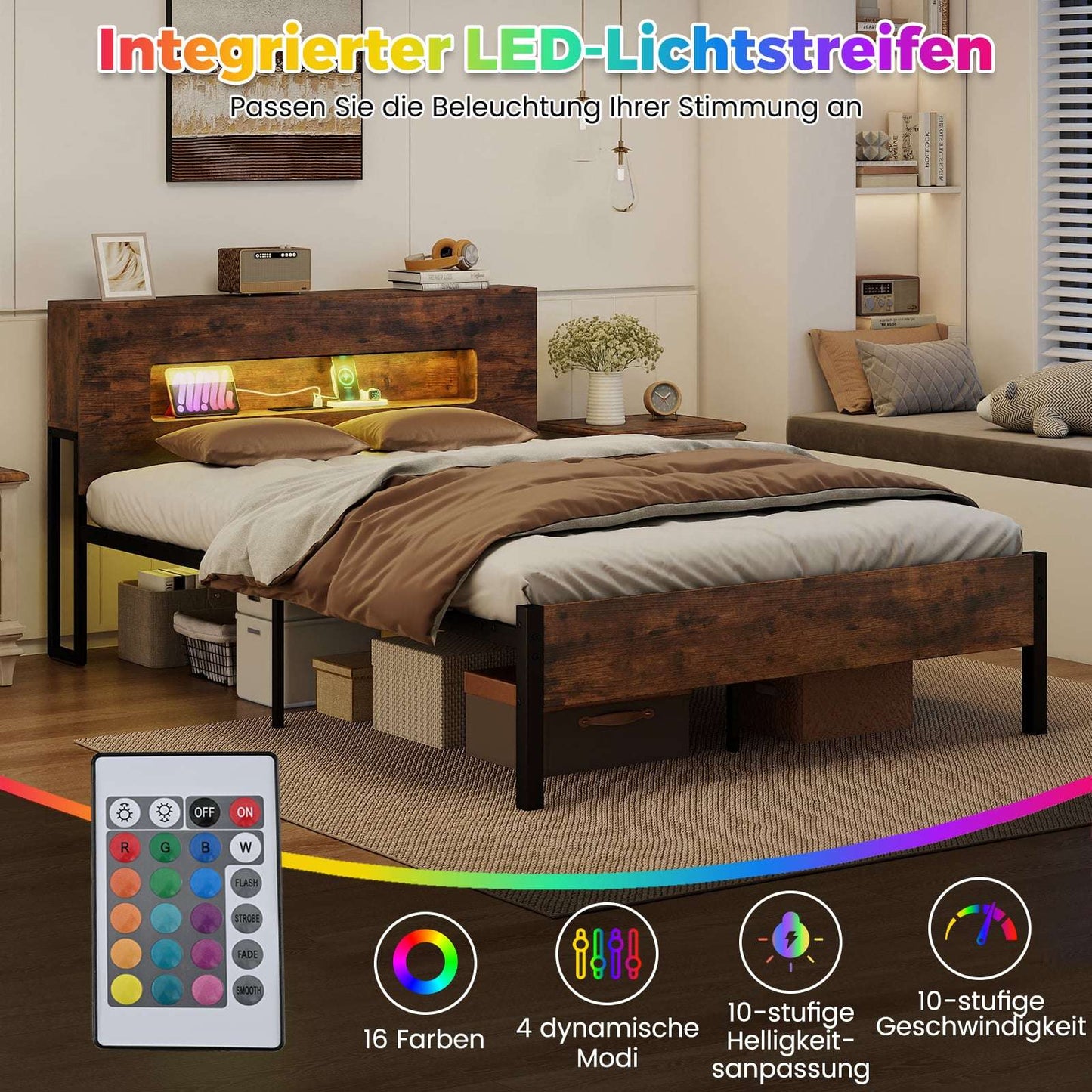 Industrial Platform Bed Frame with LED Lights, Storage Headboard, 200x140 cm