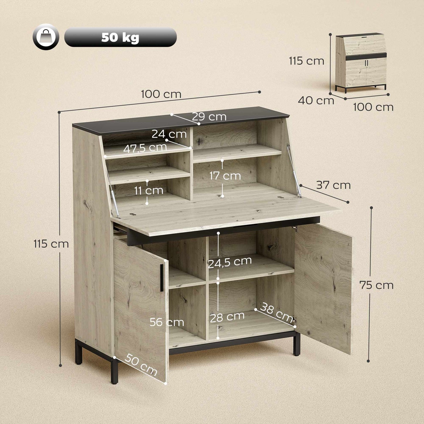 Industrial Secretary Desk with Shelves, 100 cm Wood