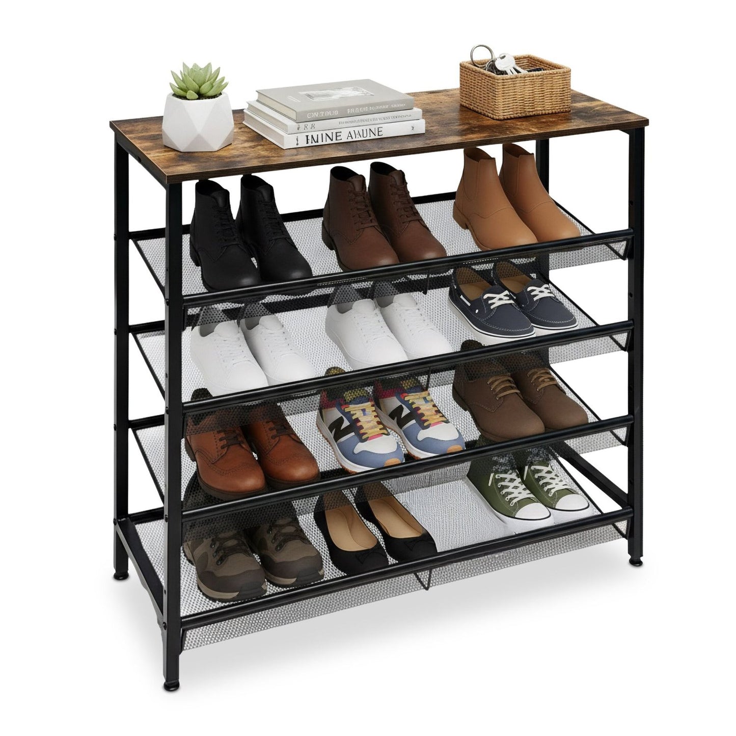 Industrial Shoe Rack with Grid Shelves – Iron, Wood Finish