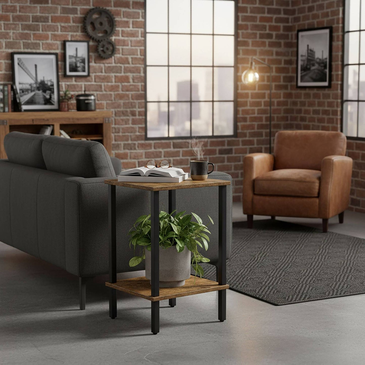 Industrial Side Table with 2 Shelves, Wood-Effect