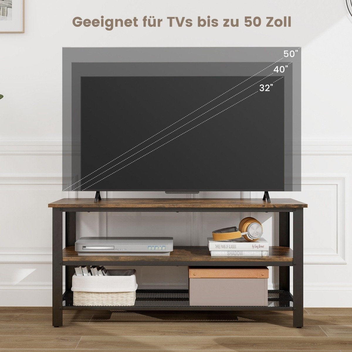 Industrial TV stand with 2-tier open storage shelves & metal frame for TVs up to 50 inches