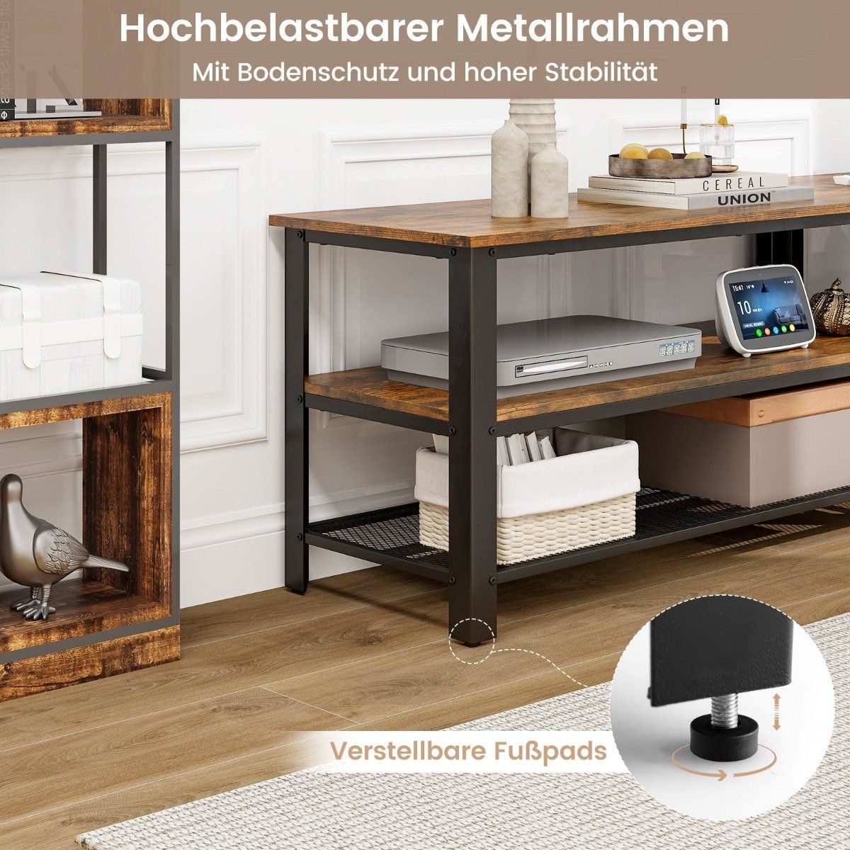 Industrial TV stand with 2-tier open storage shelves & metal frame for TVs up to 50 inches