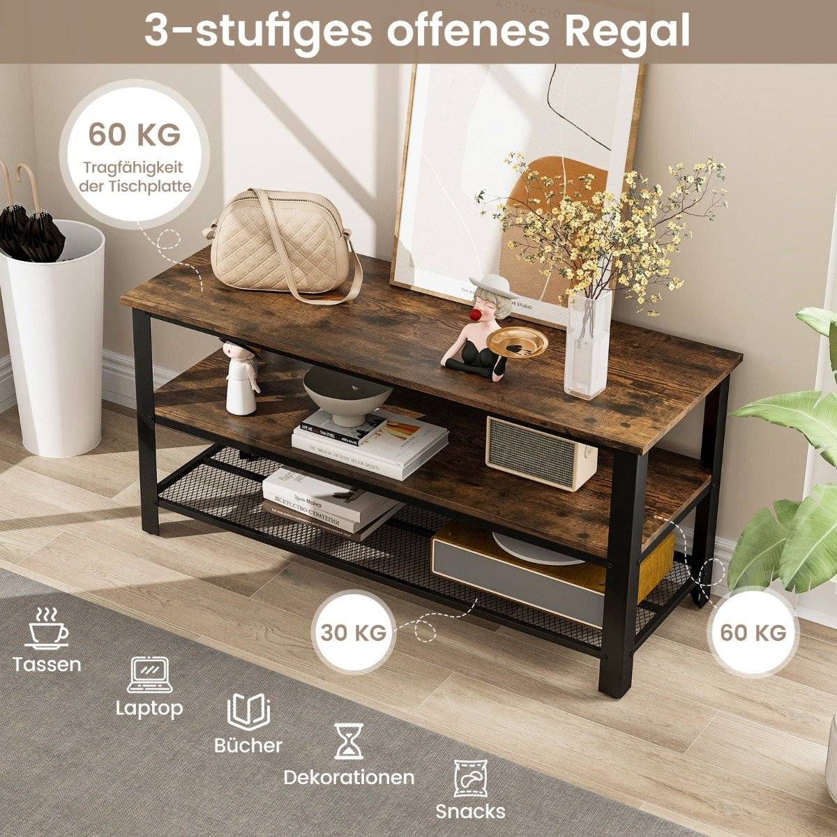 Industrial TV stand with 2-tier open storage shelves & metal frame for TVs up to 50 inches