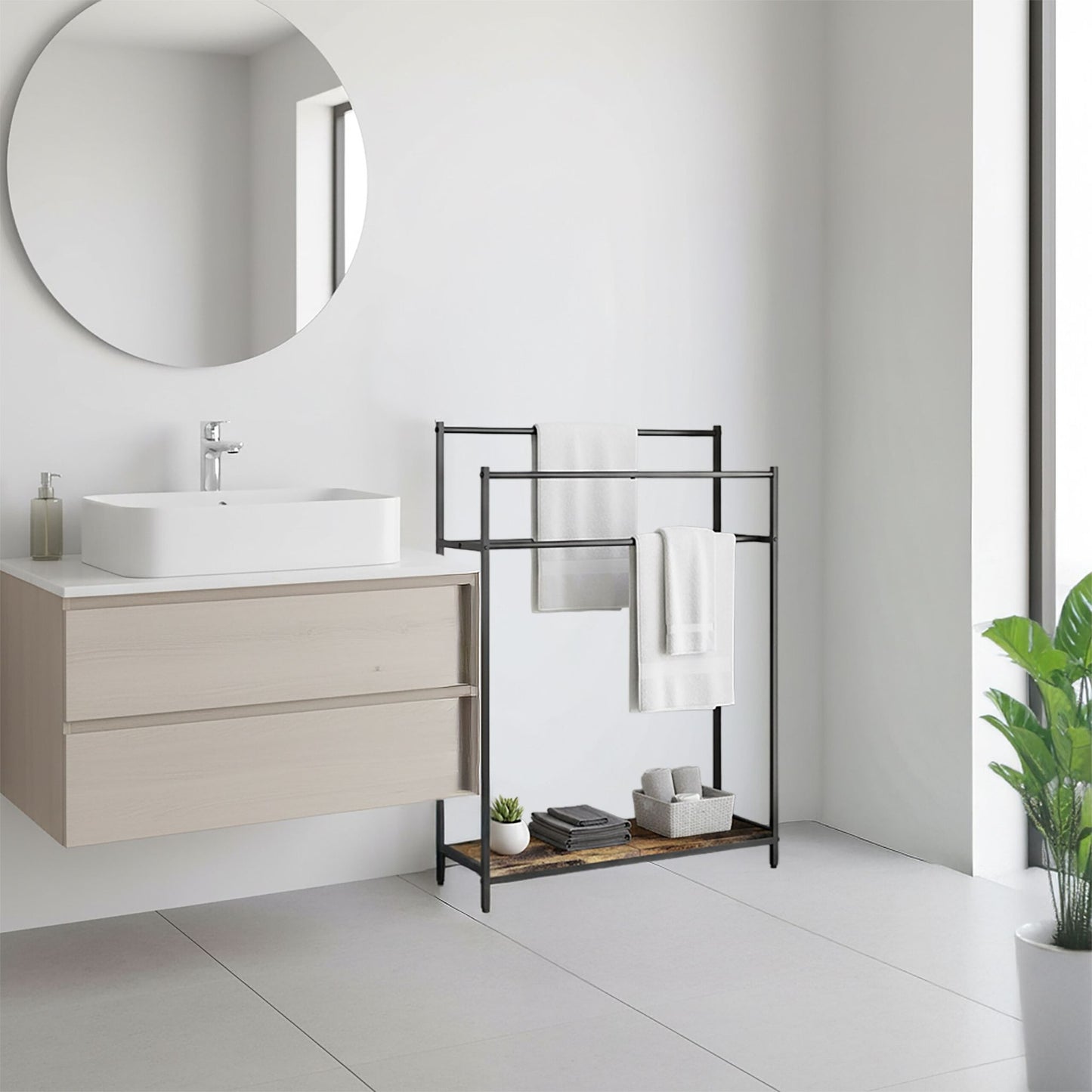 Industrial Towel Stand with Shelf – 3-Tier Hanging Space