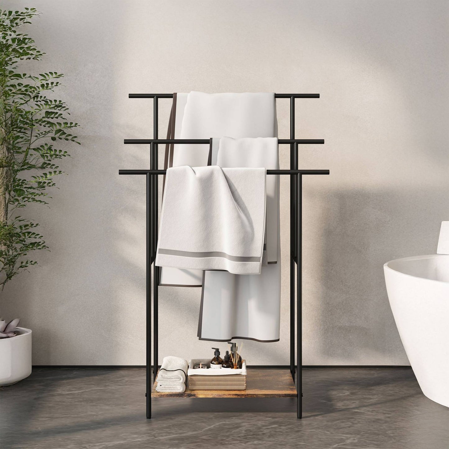 Industrial Towel Stand with Shelf – Black Metal, Wood Finish