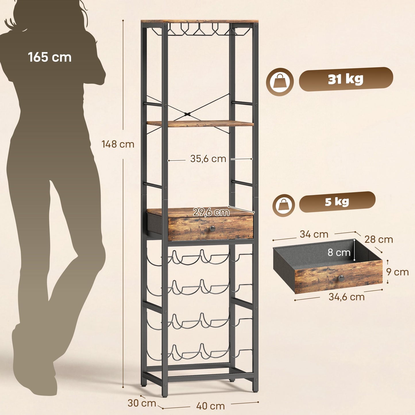 Industrial Wine Bar Cabinet with Drawer, Rustic Brown, 12-Bottle Rack
