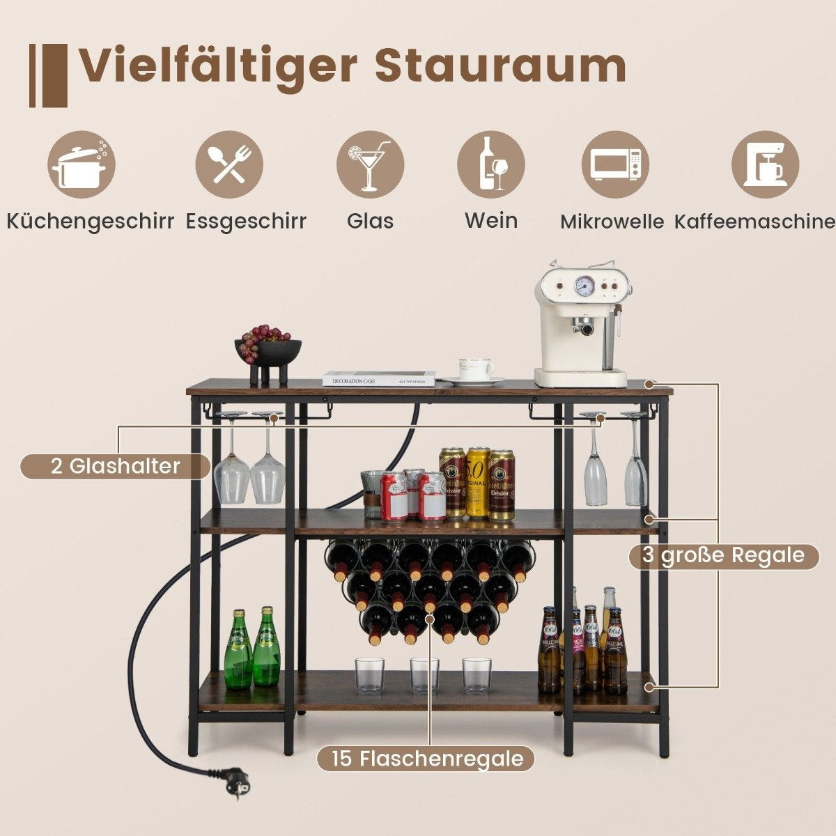 Industrial Wine Rack with Glass Holder & Shelves & Sockets for 15 Wine Bottles Wine Cabinet Brown
