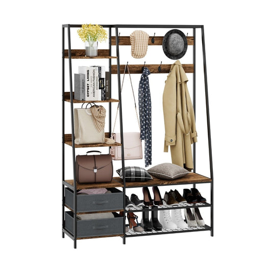 Industrial coat rack with shoe bench for the entrance area 122x40x180 cm Rustic brown